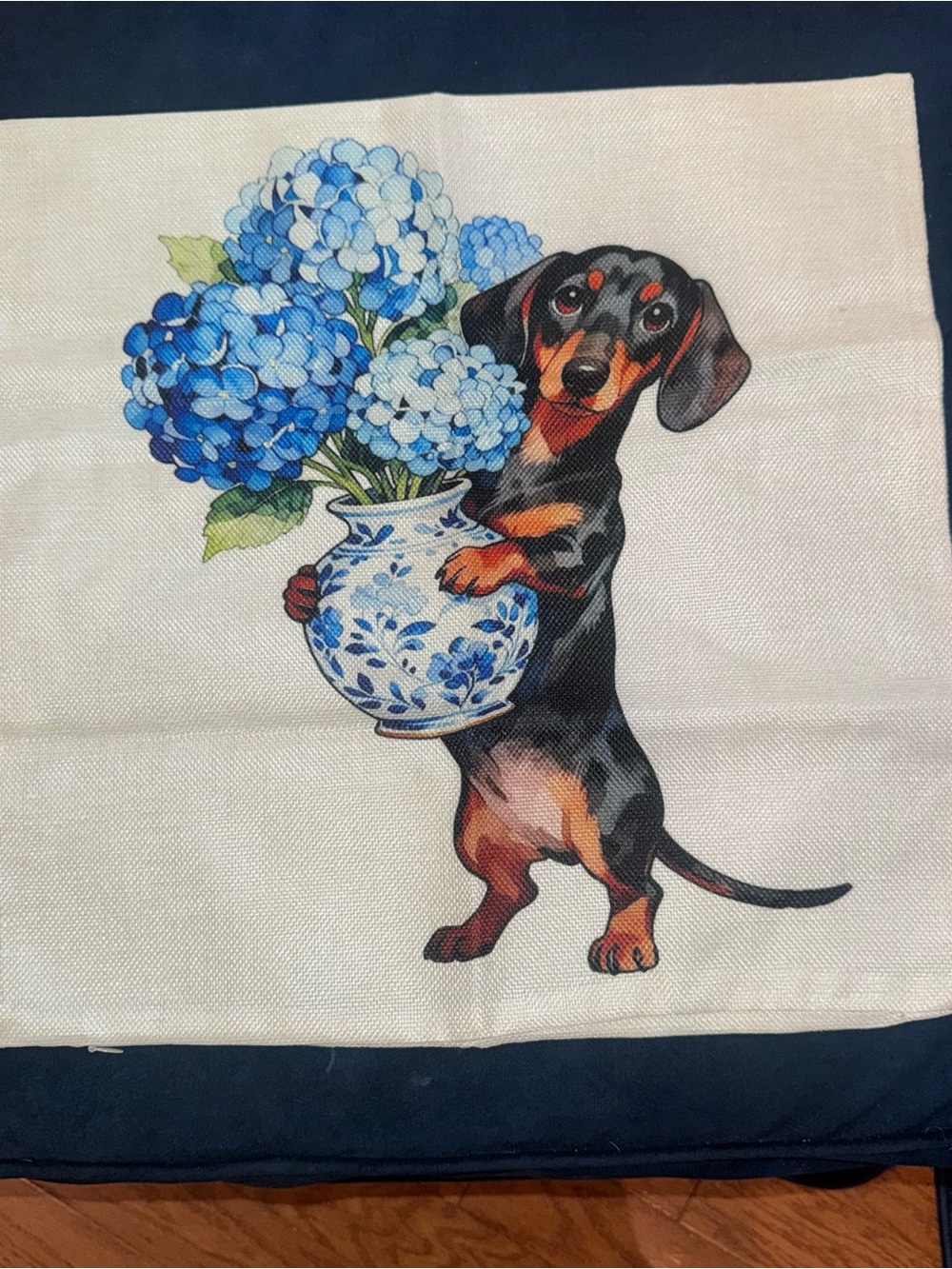 Dachshund with Blue Hydrangeas Decorative Throw Pillow Cover